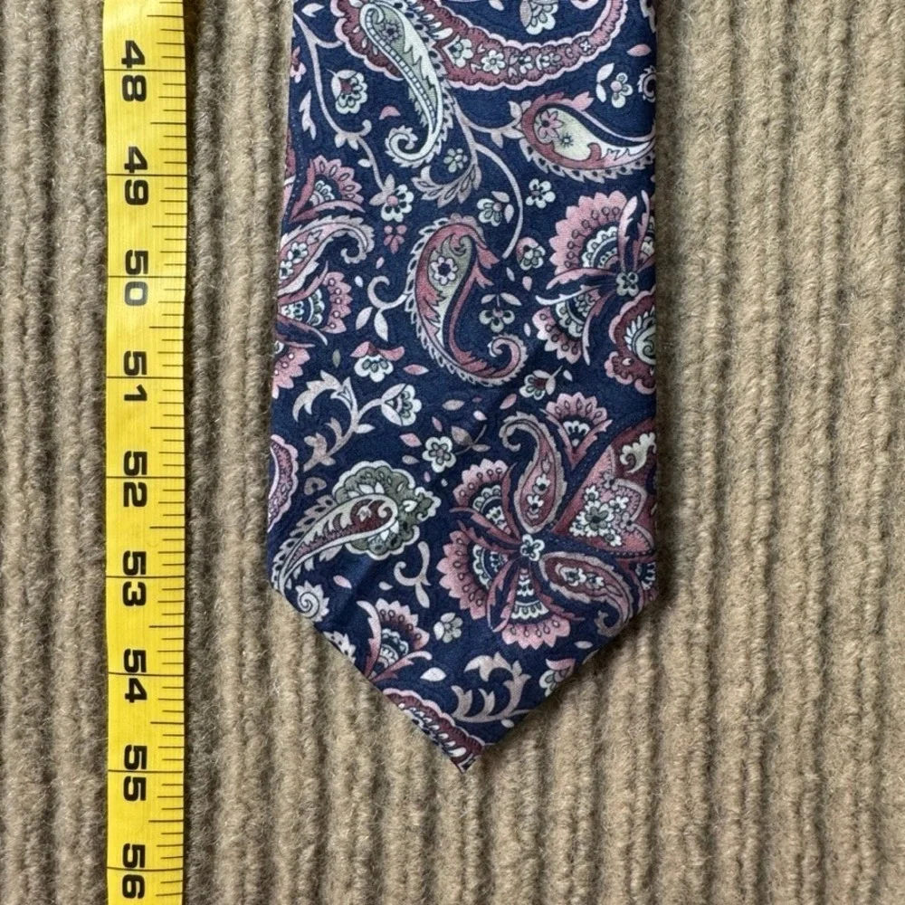 Italian All Silk Hand Made Paisley Tie Navy Blue Pink Sage Green Floral Mens